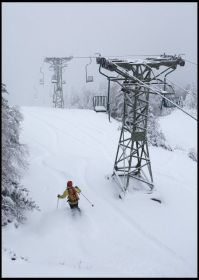 This skier is majoring in powder at Mad River Glen.